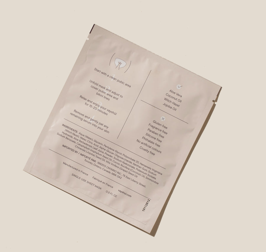 Vayshul sheet mask package. Ingredients, claims, instructions. 