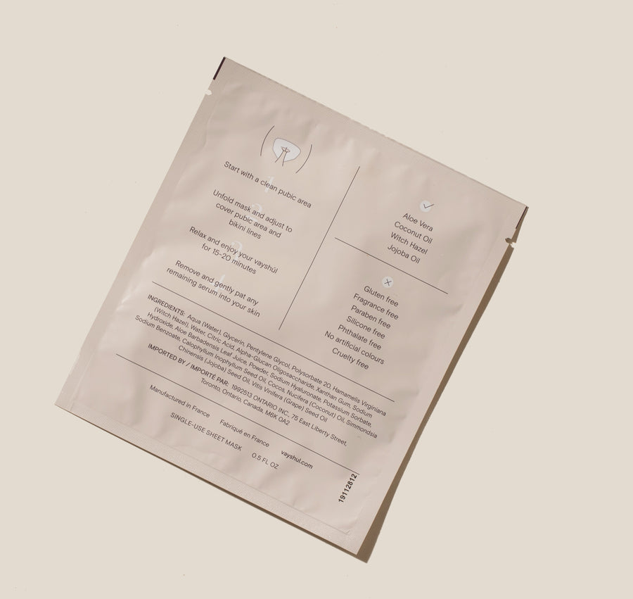 Vayshul sheet mask package. Ingredients, claims, instructions. 